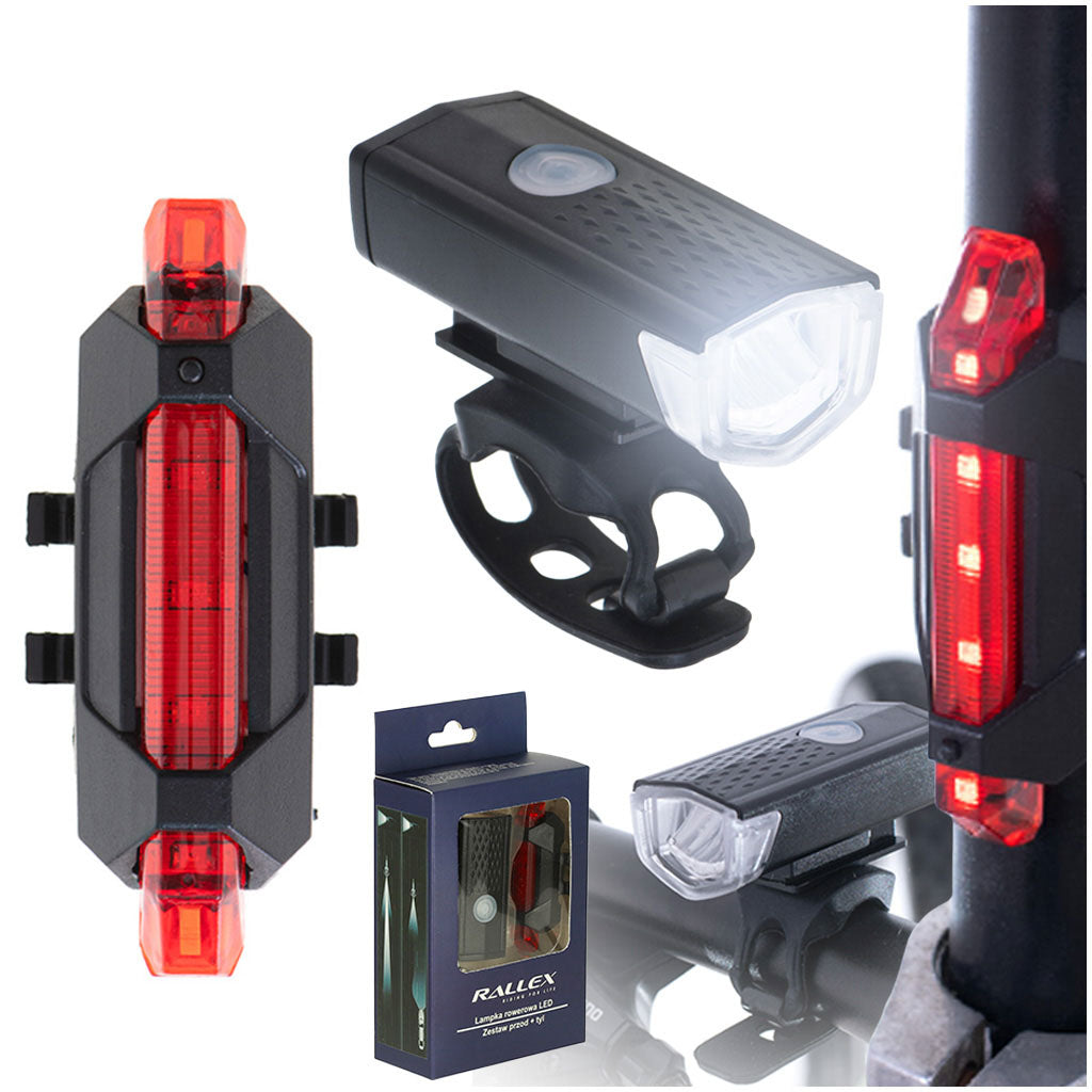 LED velosipēda lukturu komplekts RALLEX, priekšējais un aizmugurējais, ar USB uzlādi