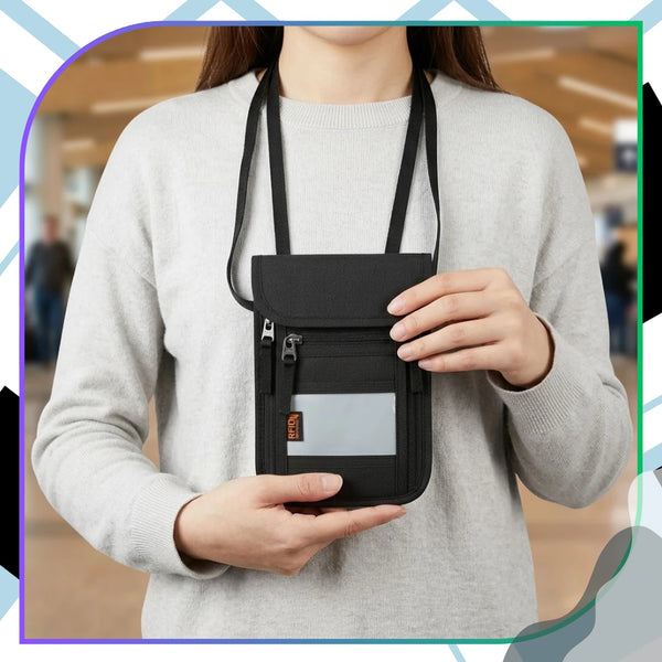 RFID kakla siksniņas dokumentu maciņš, melns, poliesters