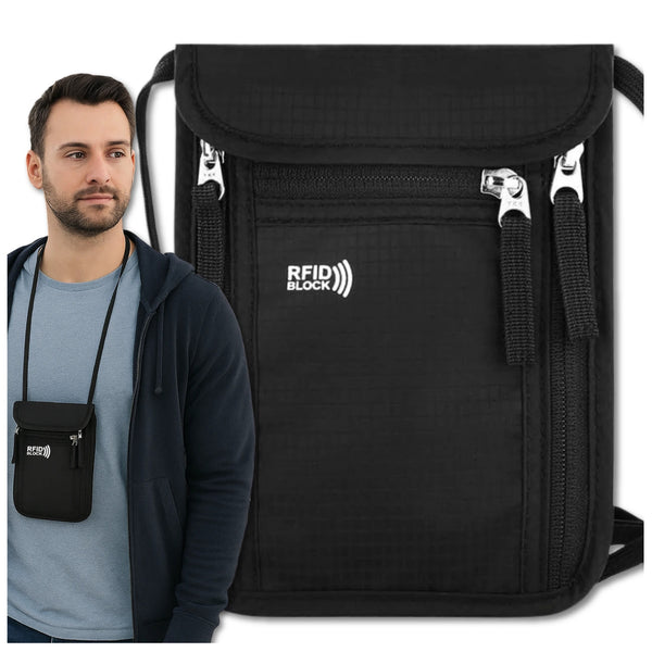 Kelioninė kaklo piniginė juoda RFID 15 x 19 cm D35