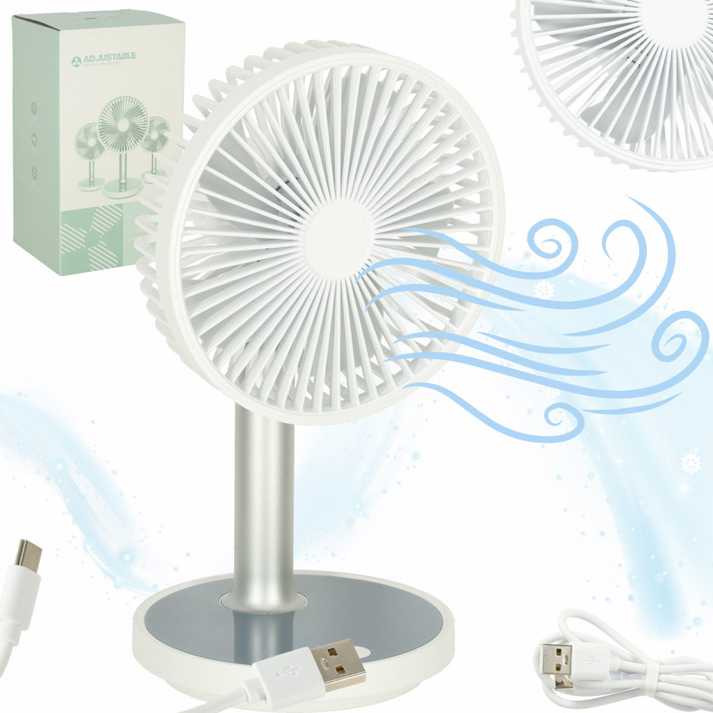 Pārnēsājams bezvadu USB galda ventilators ar akumulatoru, 4 ātrumi, LED, 38 cm, balts