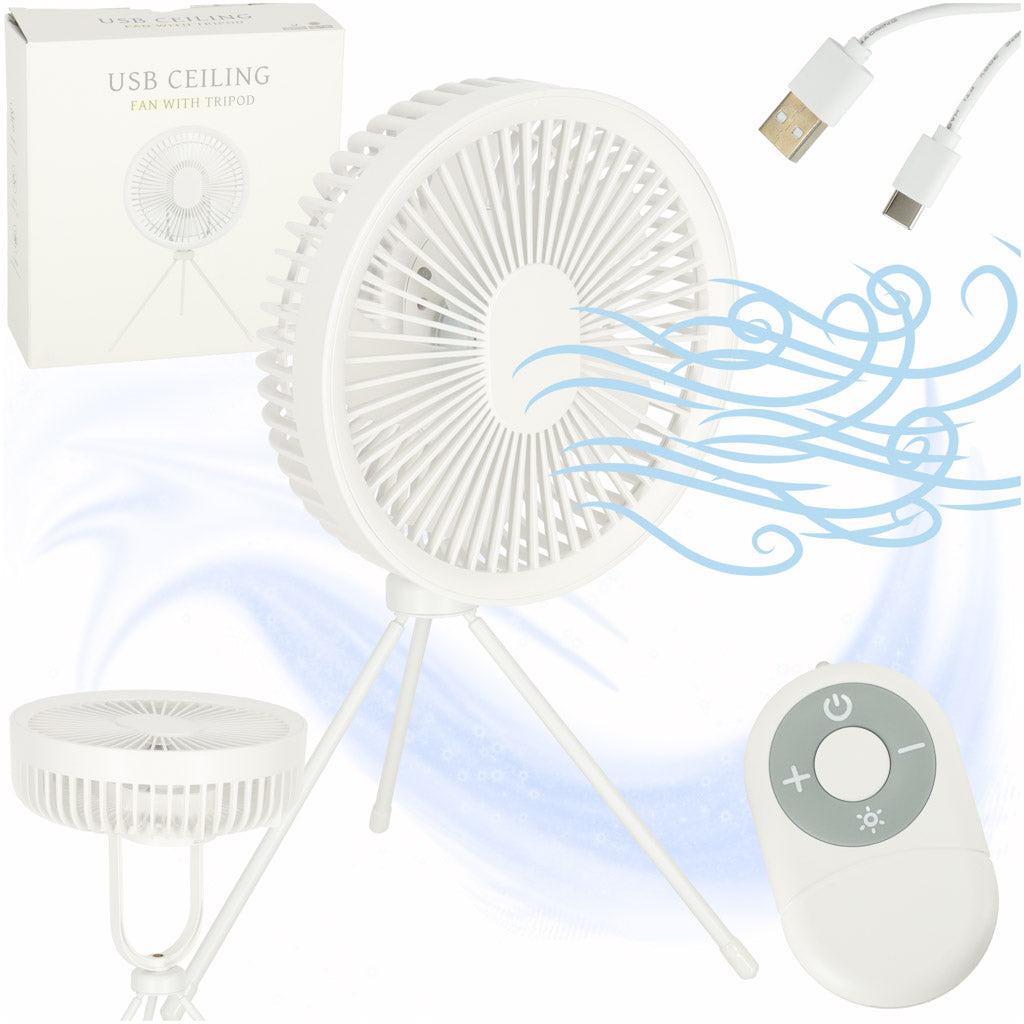 Bezvadu USB galda ventilators ar tālvadības pulti un lampu, 4 ātrumi, 18 cm, balts