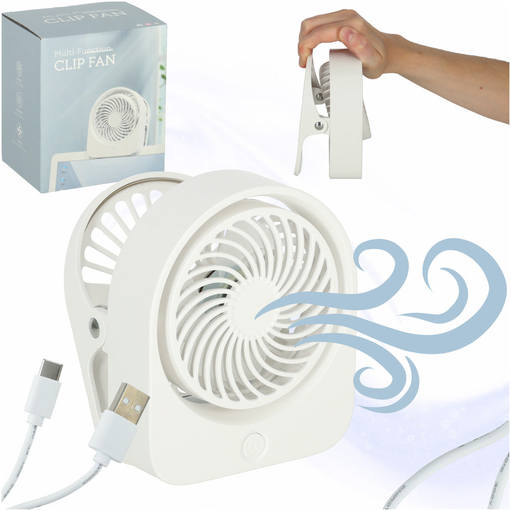 Bezvadu USB galda ventilators ar klipsi, 3 ātrumi, 11,5 cm, balts