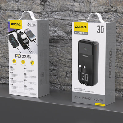 Dudao K15MAX 30000mAh PD 22.5W Power Bank ar integrētiem kabeļiem - melns