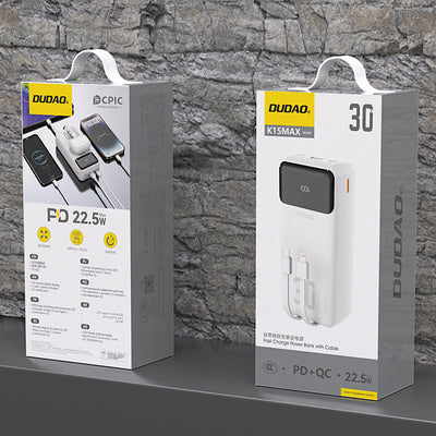 Dudao K15MAX 30000mAh 22.5W ārējais akumulators ar integrētiem kabeļiem - balts