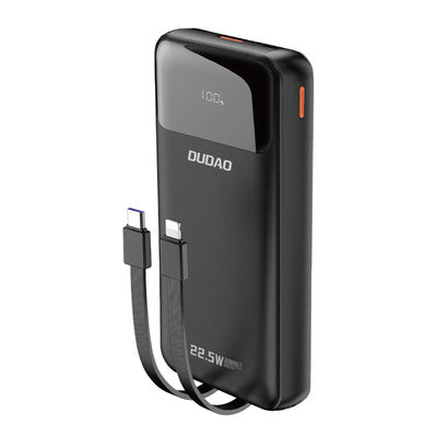 Dudao K15Pro ārējais akumulators 20000mAh 22.5W ar integrētiem Lightning un USB-C kabeļiem - melns