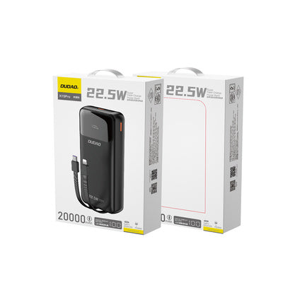 Dudao K15Pro ārējais akumulators 20000mAh 22.5W ar integrētiem Lightning un USB-C kabeļiem - melns