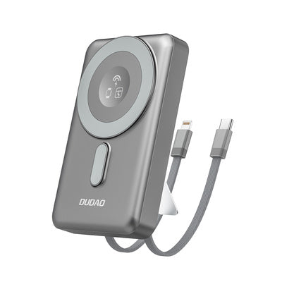 Dudao K29 10000mAh PD 20W MagSafe ārējais akumulators ar metāla korpusu, statīvu un integrētiem USB-C/Lightning kabeļiem - pelēks