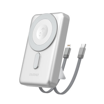 Dudao K29 10000mAh PD 20W MagSafe ārējais akumulators ar metāla korpusu, statīvu un integrētiem USB-C/Lightning kabeļiem - sudrabkrāsas