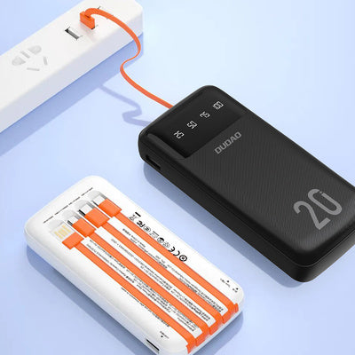 Dudao lielas ietilpības ārējais akumulators ar 3 integrētiem kabeļiem 20000mAh melns