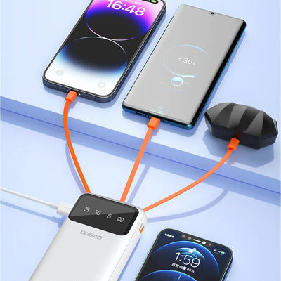Dudao lielas ietilpības ārējais akumulators ar 3 integrētiem kabeļiem 20000mAh balts