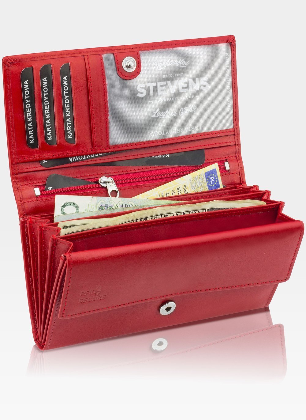 Sieviešu ādas maks STEVENS Z02 / RB-063M Pagarināts sarkans ar RFID aizsardzību D1884