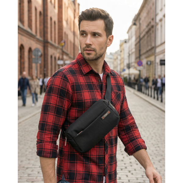 Vīriešu mazā melnā "Peterson" vieglā pilsētas soma pāri plecam (crossbody), aizverama ar rāvējslēdzēju, no tekstila D89
