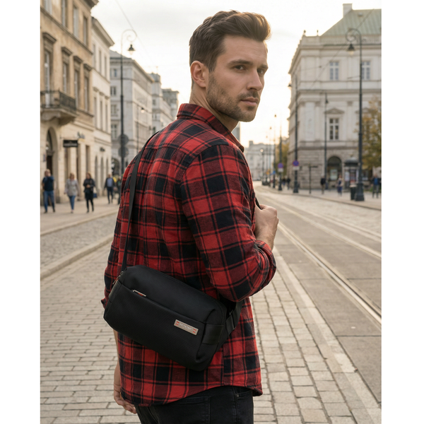 Vīriešu mazā melnā "Peterson" vieglā pilsētas soma pāri plecam (crossbody), aizverama ar rāvējslēdzēju, no tekstila D89