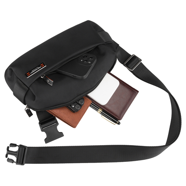 Vīriešu mazā melnā "Peterson" vieglā pilsētas soma pāri plecam (crossbody), aizverama ar rāvējslēdzēju, no tekstila D89