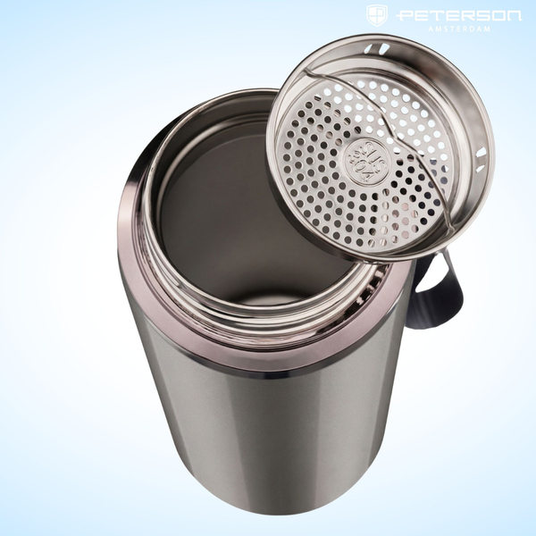 Peterson tērauda termokrūze 750 ml ar tējas sietiņu, sudraba, karstiem un aukstiem dzērieniem D87