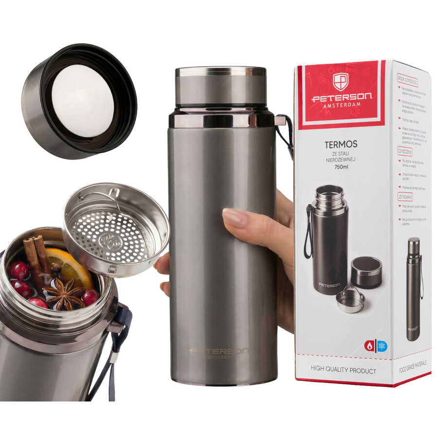 Peterson tērauda termokrūze 750 ml ar tējas sietiņu, sudraba, karstiem un aukstiem dzērieniem D87