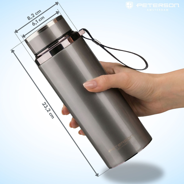 Peterson tērauda termokrūze 750 ml ar tējas sietiņu, sudraba, karstiem un aukstiem dzērieniem D87