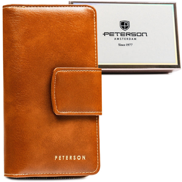 Sieviešu brūns vertikāls eko ādas maks ar spiedpogu un rāvējslēdzēju "Peterson" ST23