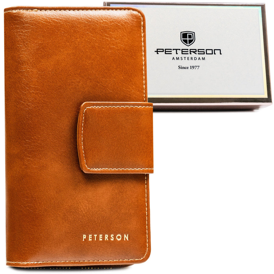 Sieviešu brūns vertikāls eko ādas maks ar spiedpogu un rāvējslēdzēju "Peterson" ST23