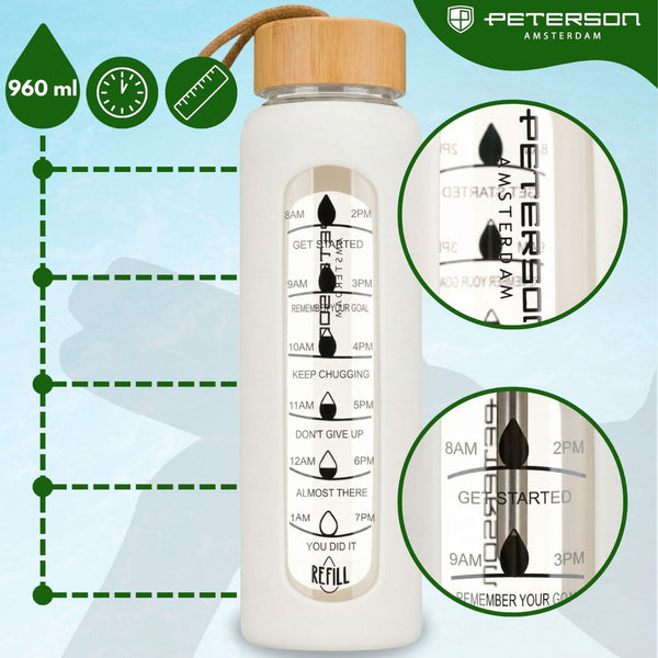Peterson sieviešu stikla ūdens pudele 960 ml ar silikona ietvaru, motivējošu mērījumu skalu, smilšu krāsas D70