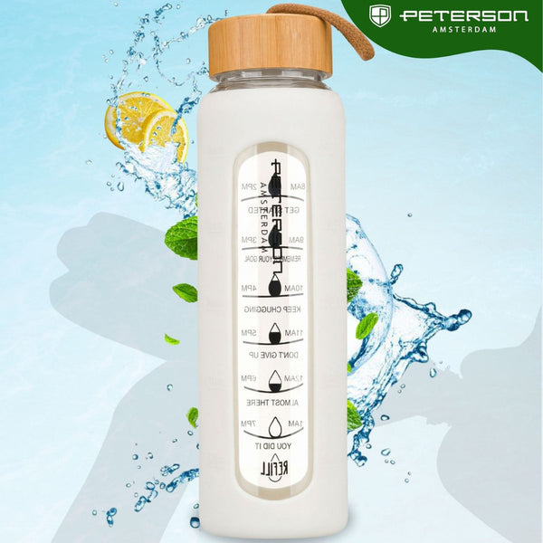 Peterson sieviešu stikla ūdens pudele 960 ml ar silikona ietvaru, motivējošu mērījumu skalu, smilšu krāsas D70