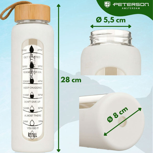 Peterson sieviešu stikla ūdens pudele 960 ml ar silikona ietvaru, motivējošu mērījumu skalu, smilšu krāsas D70