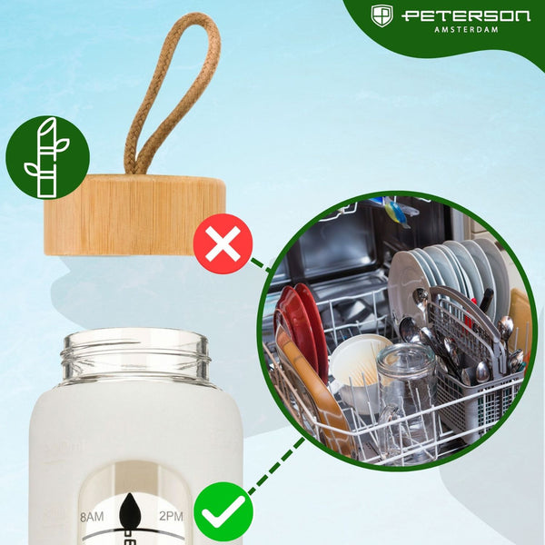 Peterson sieviešu stikla ūdens pudele 960 ml ar silikona ietvaru, motivējošu mērījumu skalu, smilšu krāsas D70