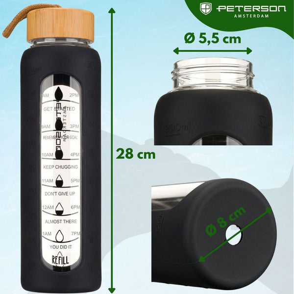 Peterson motivējošā stikla ūdens pudele ar silikona apvalku, melna, 960 ml D68
