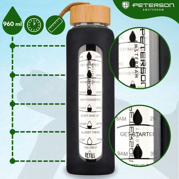 Peterson motivējošā stikla ūdens pudele ar silikona apvalku, melna, 960 ml D68