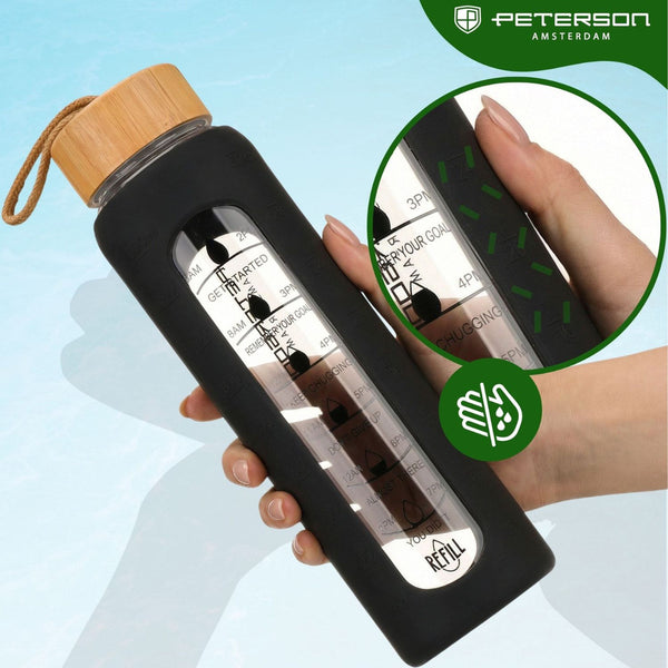 Peterson motivējošā stikla ūdens pudele ar silikona apvalku, melna, 960 ml D68