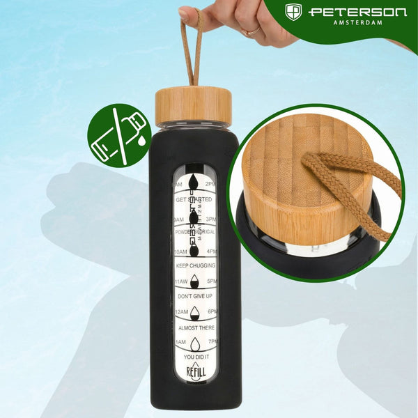 Peterson motivējošā stikla ūdens pudele ar silikona apvalku, melna, 960 ml D68