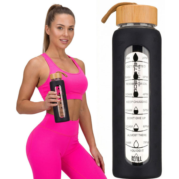 Peterson motivējošā stikla ūdens pudele ar silikona apvalku, melna, 960 ml D68