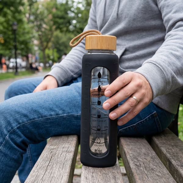 Peterson motivējošā stikla ūdens pudele ar silikona apvalku, melna, 960 ml D68
