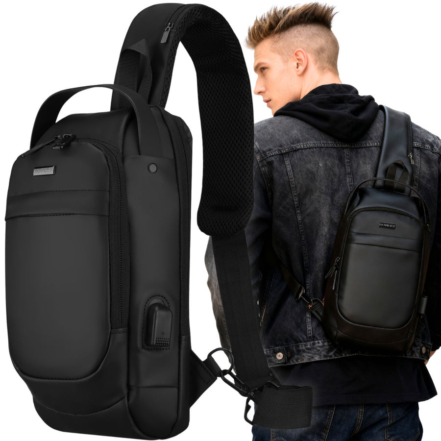 Talpi vyriška per petį nešiojama rankinė „Rovicky“ su USB jungtimi, juoda, iš ekologiškos odos ST84