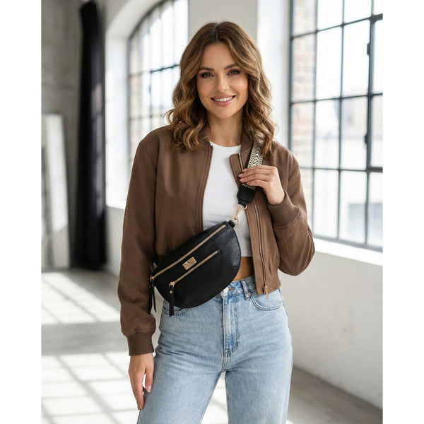 Sieviešu melna viena nodalījuma jostas soma „Peterson“, no ekoloģiskas ādas TL18