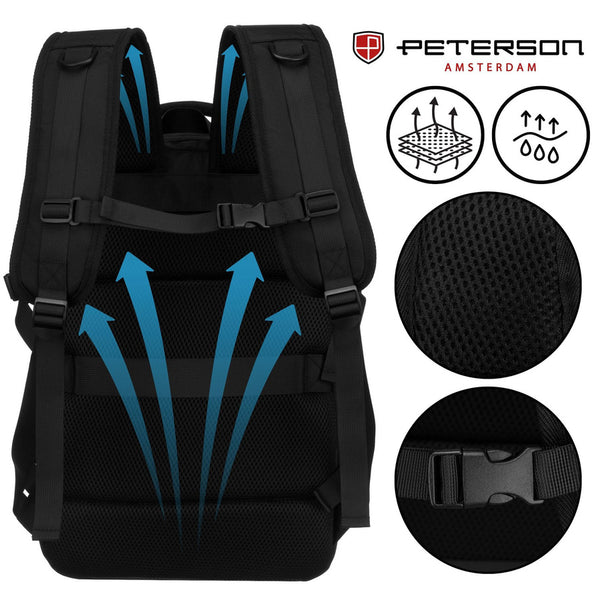 Melnā ceļojumu mugursoma "Peterson" rokas bagāžai, no izturīga materiāla K52