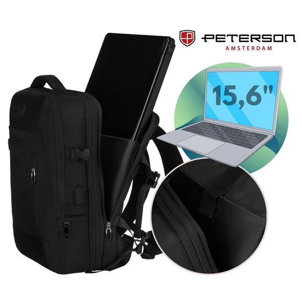 Melnā ceļojumu mugursoma "Peterson" rokas bagāžai, no izturīga materiāla K52