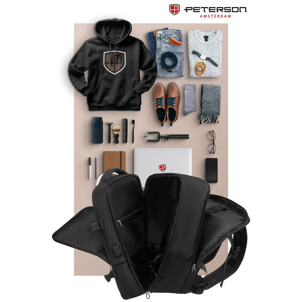 Melnā ceļojumu mugursoma "Peterson" rokas bagāžai, no izturīga materiāla K52