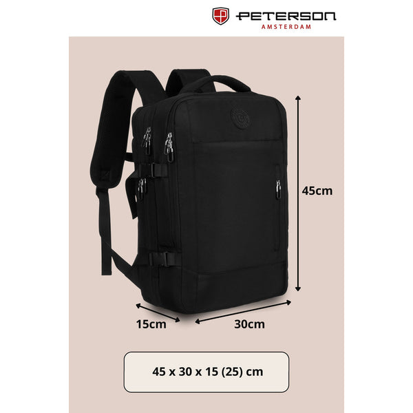 Melnā ceļojumu mugursoma "Peterson" rokas bagāžai, no izturīga materiāla K52
