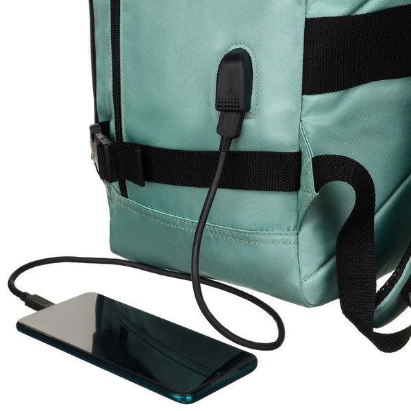 Tirkīza krāsas tekstila divu nodalījumu ceļojumu mugursoma "Peterson" ar stiprinājumu pie čemodāna un USB savienojumu K47