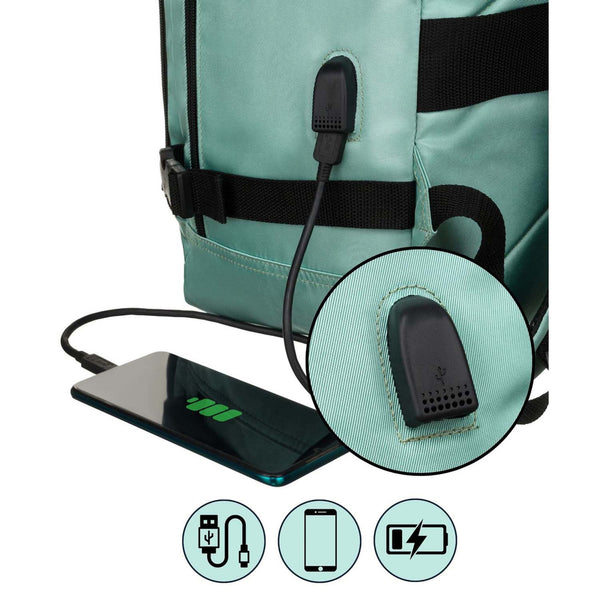 Tirkīza krāsas tekstila divu nodalījumu ceļojumu mugursoma "Peterson" ar stiprinājumu pie čemodāna un USB savienojumu K47
