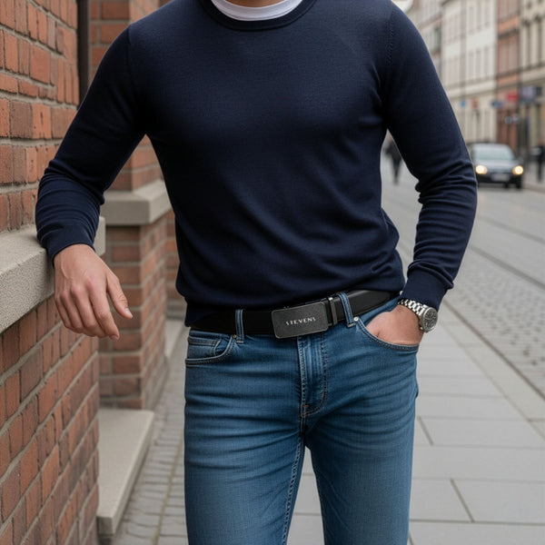 Vīriešu josta Stevens, melna, dabīga āda, automātiskā sprādze 2506