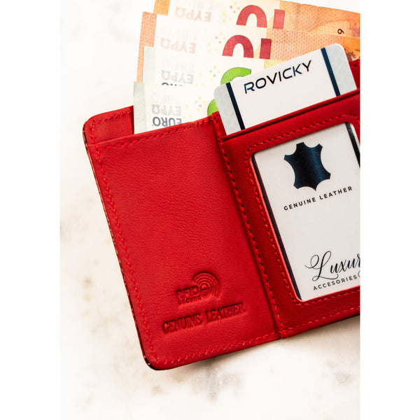 Maža raudona moteriška natūralios odos piniginė su RFID apsauga – Rovicky DS23