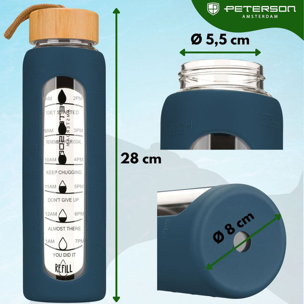 Peterson ietilpīga sieviešu ūdens pudele no stikla 960 ml ar silikona aizsargmaciņu, tumši zila D72