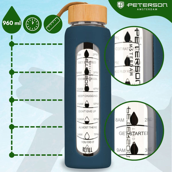 Peterson ietilpīga sieviešu ūdens pudele no stikla 960 ml ar silikona aizsargmaciņu, tumši zila D72