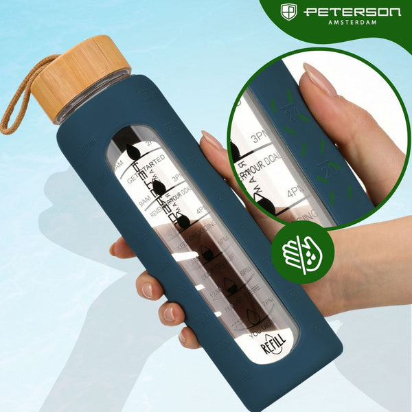 Peterson ietilpīga sieviešu ūdens pudele no stikla 960 ml ar silikona aizsargmaciņu, tumši zila D72