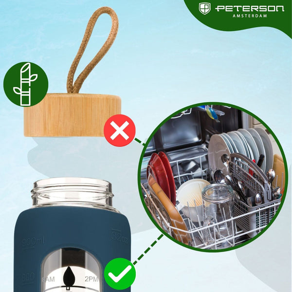 Peterson ietilpīga sieviešu ūdens pudele no stikla 960 ml ar silikona aizsargmaciņu, tumši zila D72