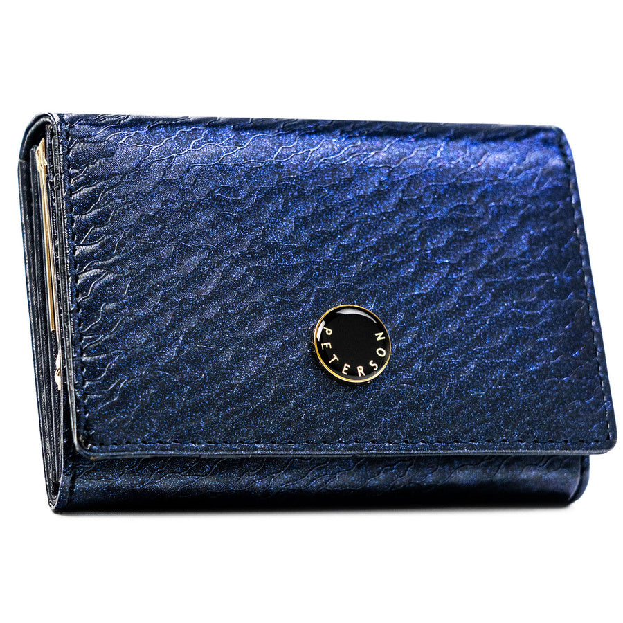 Moteriška vidutinio dydžio mėlyna piniginė su spaude, iš natūralios ir ekologiškos odos „Peterson“ ST95