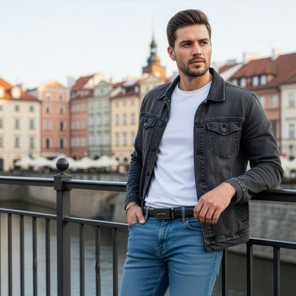 Vīriešu ādas josta Stevens, melna, ar automātisko sprādzi 2506