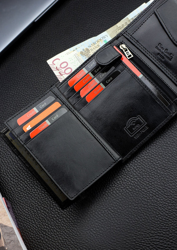 Vīriešu ādas maks Pierre Cardin, melns, RFID aizsardzība A623706 